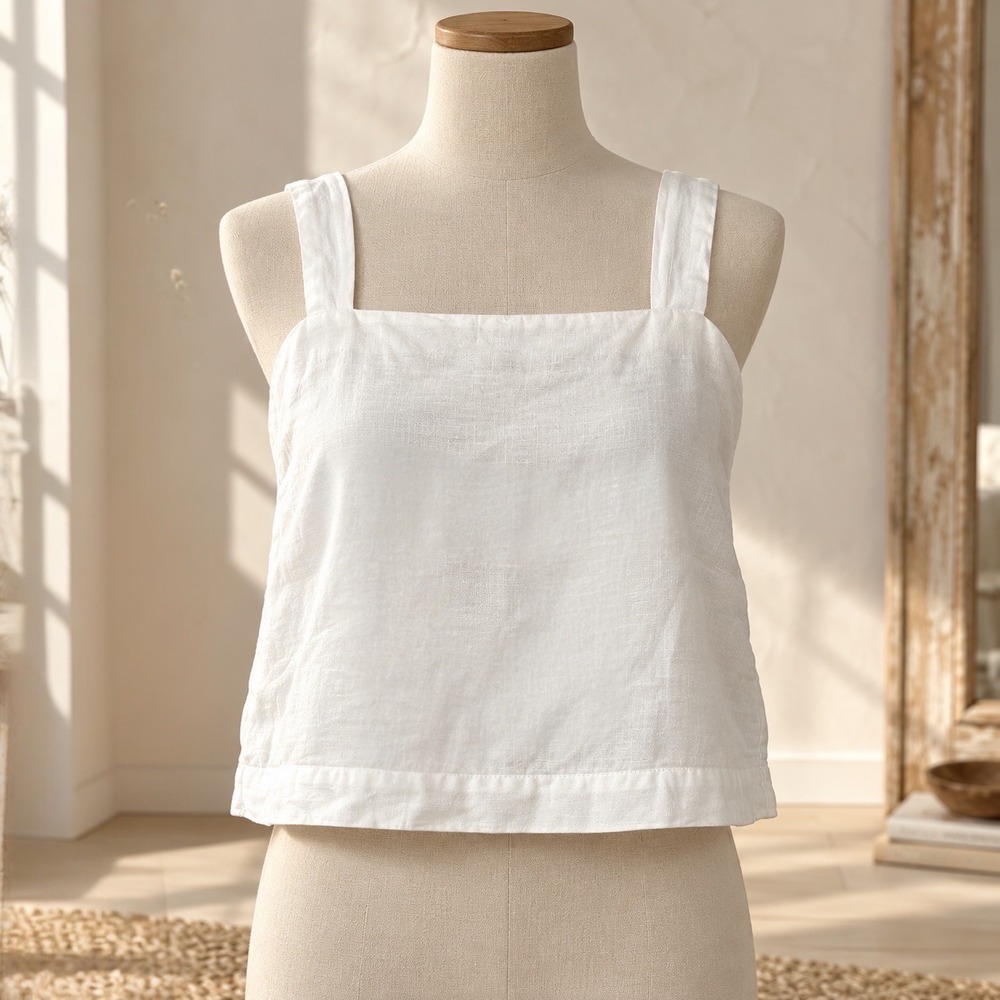Faherty White Linen Crop Top Small Square Neck Sleeveless Coastal Minimalist
